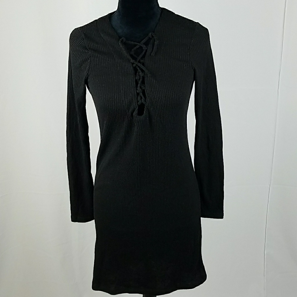 Brandy Melville women black long sleeve thermo dress bodycon tied neck